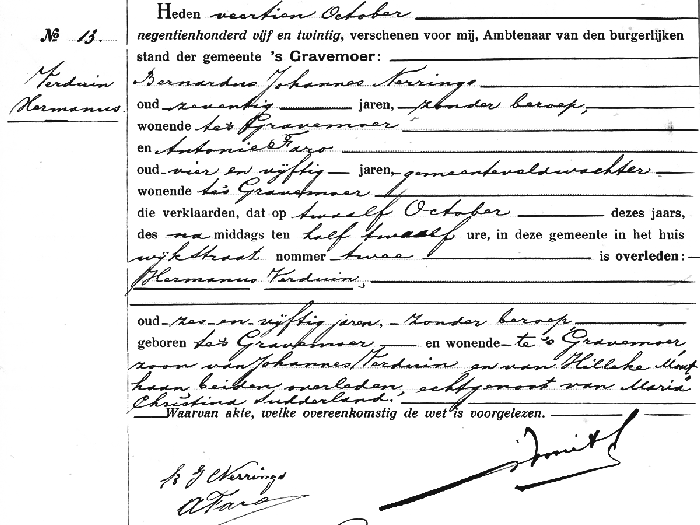 Overlijndensakte van Hermanus Verduin ev